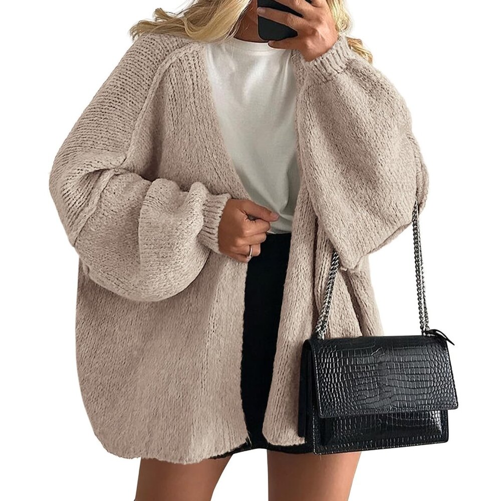 Oversized Cardigan Lantern Sleeve Open Front Lightweight Knit Sweater Chic